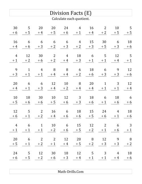 The Vertically arranged division facts to 36 (E) Math Worksheet
