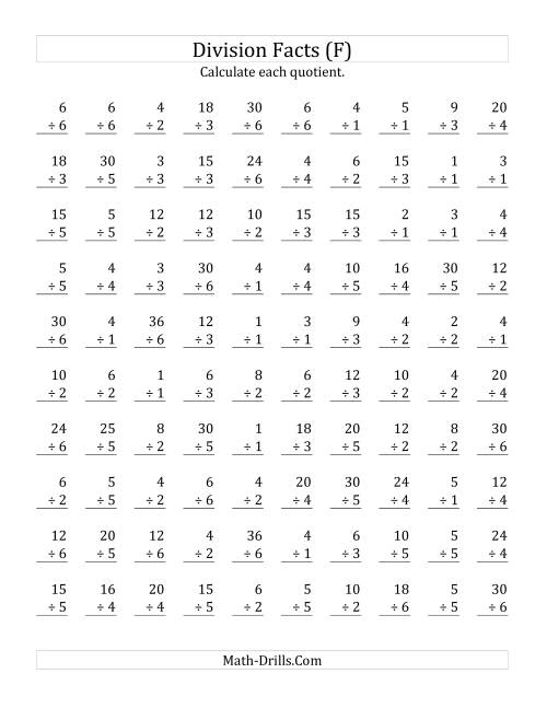 The Vertically arranged division facts to 36 (F) Math Worksheet