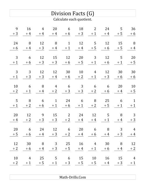 The Vertically arranged division facts to 36 (G) Math Worksheet