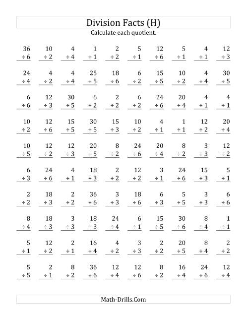 The Vertically arranged division facts to 36 (H) Math Worksheet