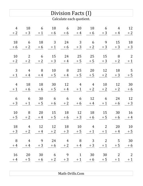 The Vertically arranged division facts to 36 (I) Math Worksheet