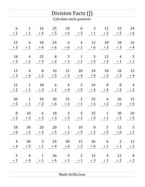 The Vertically arranged division facts to 36 (J) Math Worksheet