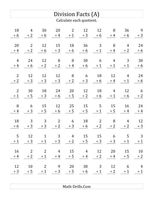 The Vertically arranged division facts to 36 (All) Math Worksheet