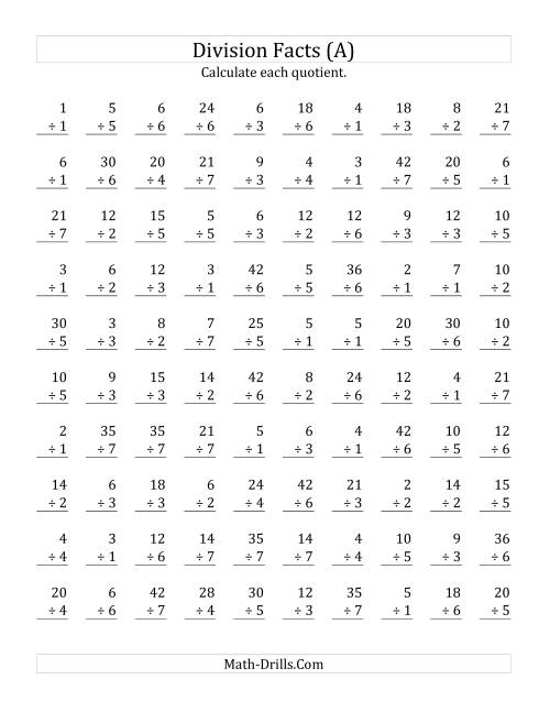 The Vertically arranged division facts to 49 (A) Math Worksheet