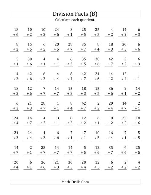 The Vertically arranged division facts to 49 (B) Math Worksheet