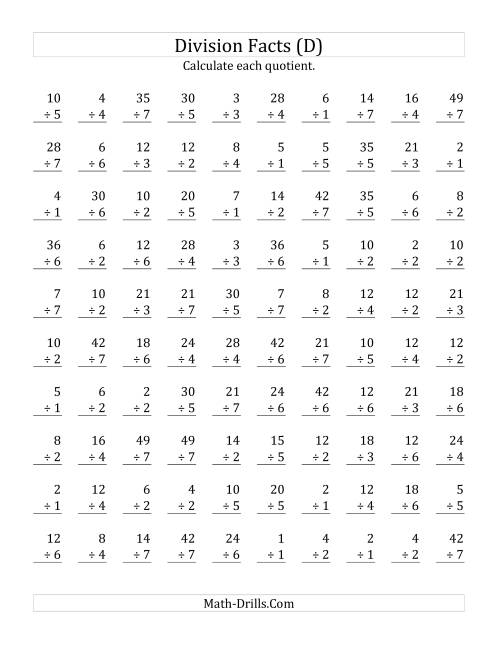The Vertically arranged division facts to 49 (D) Math Worksheet