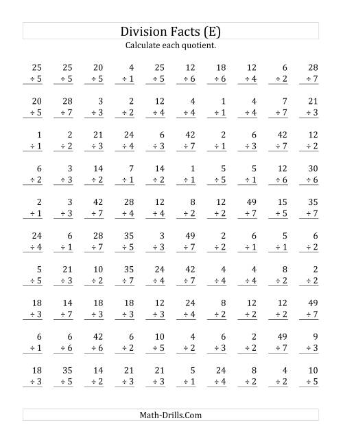 The Vertically arranged division facts to 49 (E) Math Worksheet