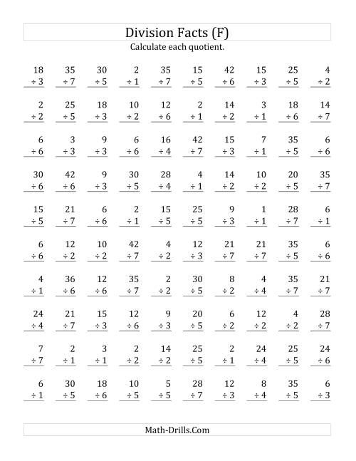 The Vertically arranged division facts to 49 (F) Math Worksheet