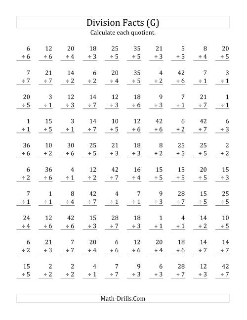 The Vertically arranged division facts to 49 (G) Math Worksheet