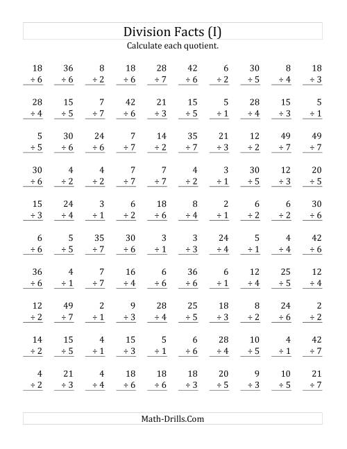 The Vertically arranged division facts to 49 (I) Math Worksheet