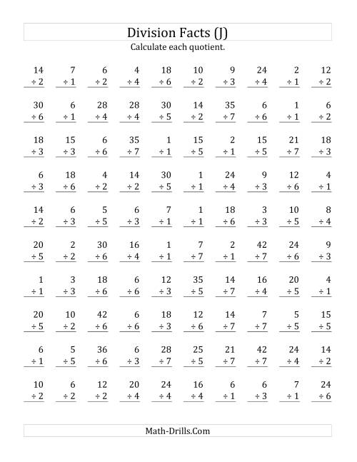 The Vertically arranged division facts to 49 (J) Math Worksheet
