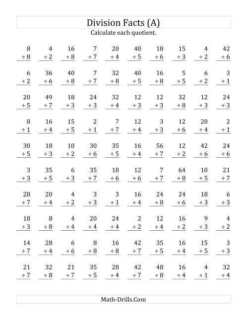 The Vertically arranged division facts to 64 (A) Math Worksheet