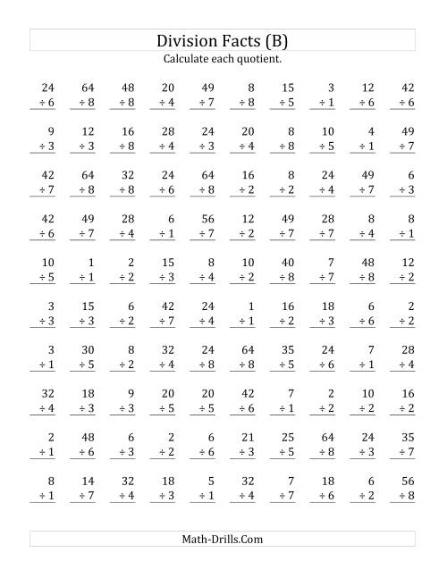 The Vertically arranged division facts to 64 (B) Math Worksheet