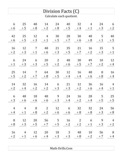The Vertically arranged division facts to 64 (C) Math Worksheet