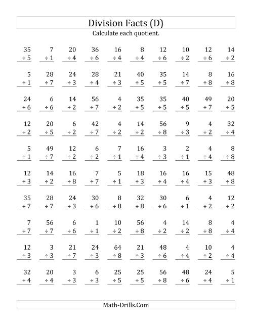 The Vertically arranged division facts to 64 (D) Math Worksheet