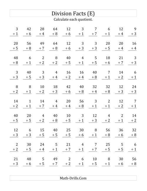 The Vertically arranged division facts to 64 (E) Math Worksheet