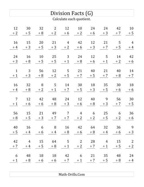 The Vertically arranged division facts to 64 (G) Math Worksheet