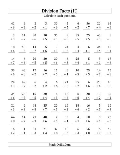 The Vertically arranged division facts to 64 (H) Math Worksheet