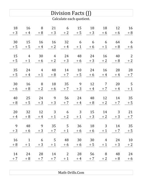 The Vertically arranged division facts to 64 (J) Math Worksheet