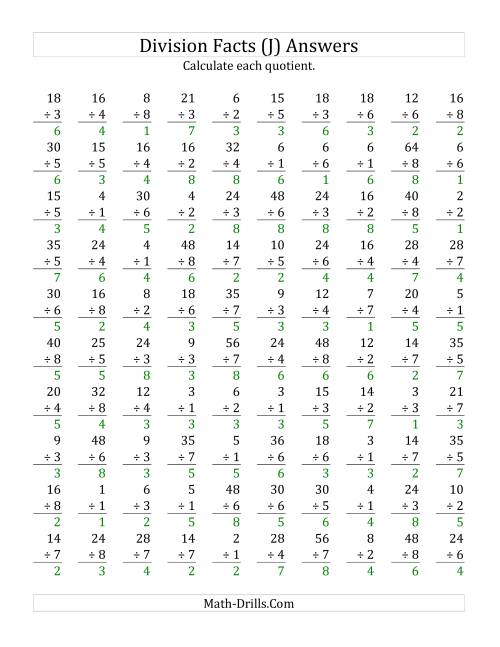 The Vertically arranged division facts to 64 (J) Math Worksheet Page 2
