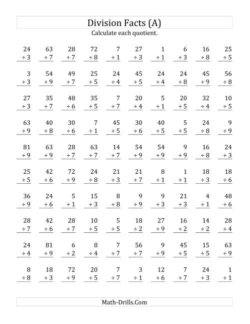 The Vertically arranged division facts to 81 (A) Math Worksheet