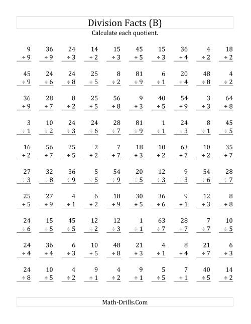 The Vertically arranged division facts to 81 (B) Math Worksheet