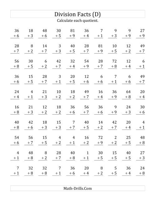 The Vertically arranged division facts to 81 (D) Math Worksheet