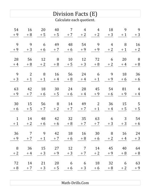 The Vertically arranged division facts to 81 (E) Math Worksheet
