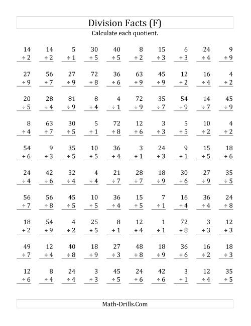 The Vertically arranged division facts to 81 (F) Math Worksheet
