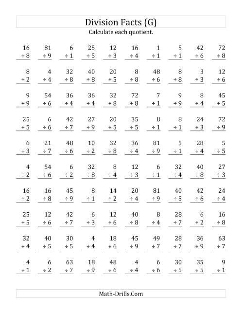 The Vertically arranged division facts to 81 (G) Math Worksheet