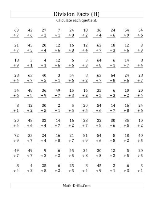 The Vertically arranged division facts to 81 (H) Math Worksheet