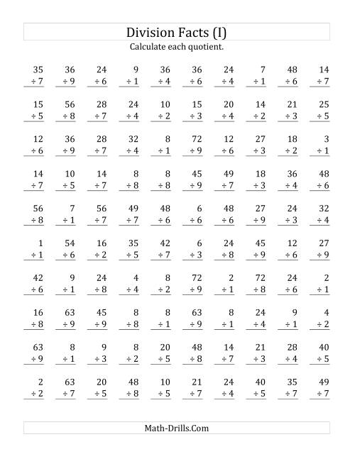 The Vertically arranged division facts to 81 (I) Math Worksheet