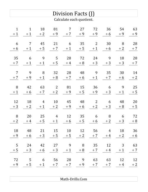 The Vertically arranged division facts to 81 (J) Math Worksheet