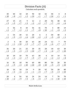 Vertically arranged division facts to 100