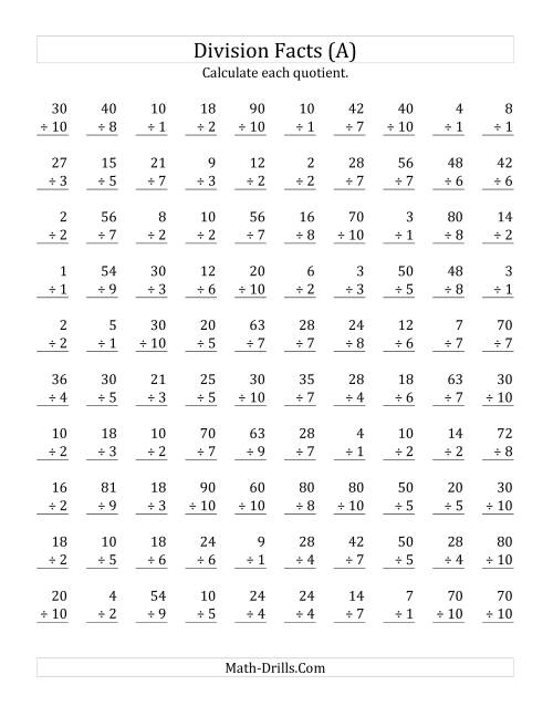 The Vertically arranged division facts to 100 (A) Math Worksheet