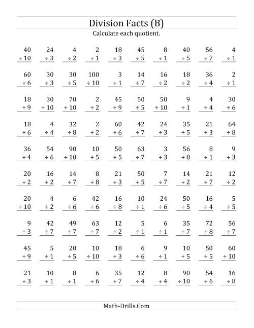 The Vertically arranged division facts to 100 (B) Math Worksheet