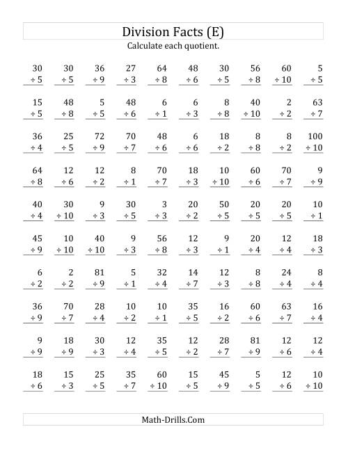 The Vertically arranged division facts to 100 (E) Math Worksheet