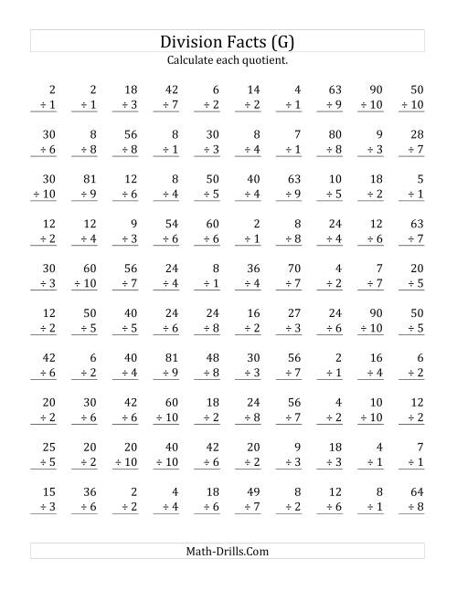 The Vertically arranged division facts to 100 (G) Math Worksheet