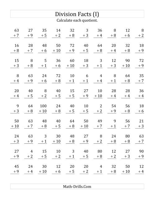 The Vertically arranged division facts to 100 (I) Math Worksheet