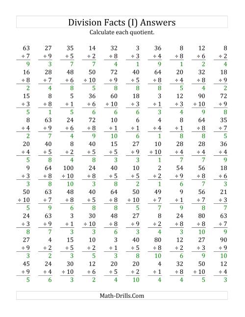 The Vertically arranged division facts to 100 (I) Math Worksheet Page 2