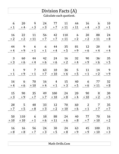 The Vertically arranged division facts to 121 (A) Math Worksheet