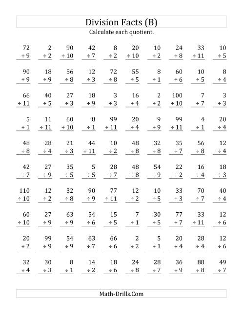 The Vertically arranged division facts to 121 (B) Math Worksheet