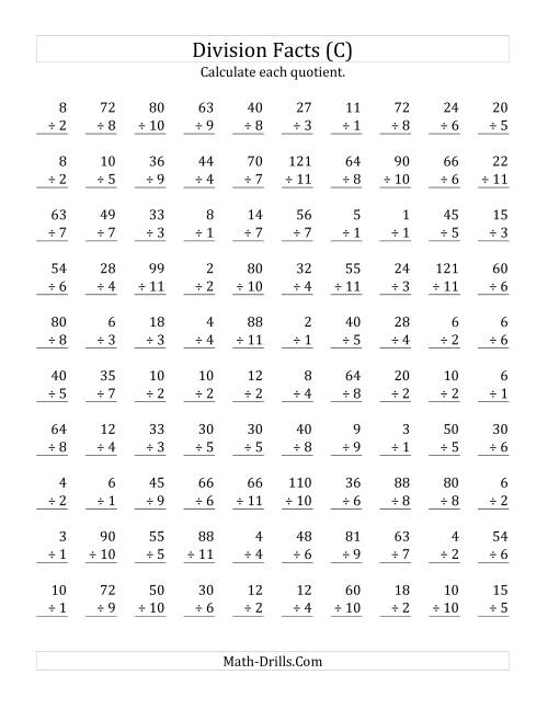 The Vertically arranged division facts to 121 (C) Math Worksheet