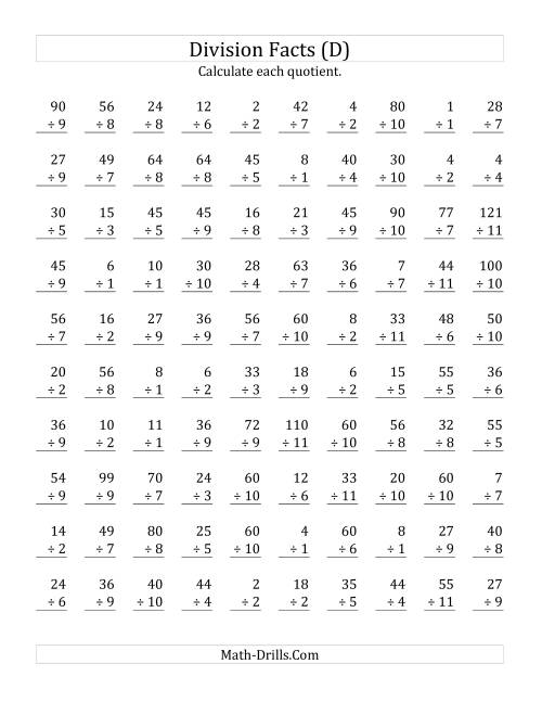The Vertically arranged division facts to 121 (D) Math Worksheet