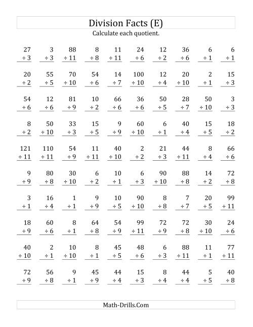 The Vertically arranged division facts to 121 (E) Math Worksheet