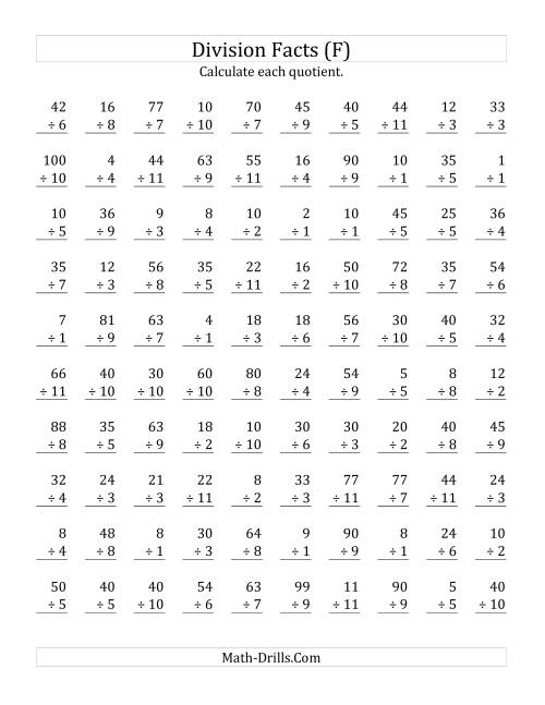 The Vertically arranged division facts to 121 (F) Math Worksheet