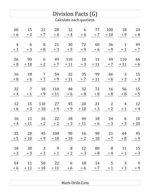 The Vertically arranged division facts to 121 (G) Math Worksheet