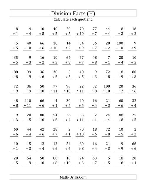 The Vertically arranged division facts to 121 (H) Math Worksheet