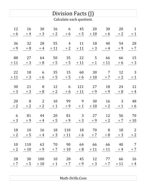 The Vertically arranged division facts to 121 (J) Math Worksheet