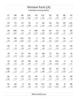 Vertically arranged division facts to 144
